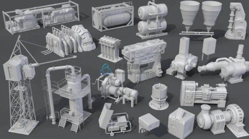 20套工厂建筑工程管道部件3D模型！含工厂车间机器，Blender MAX OBJ FBX格式-代码飓风