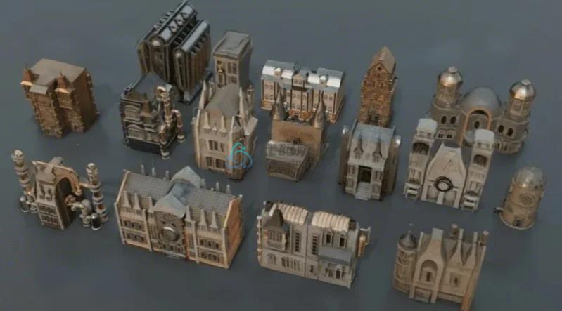 Blender蒸汽朋克风格建筑3D模型!含15 个建筑 Kitbash + 配件-代码飓风
