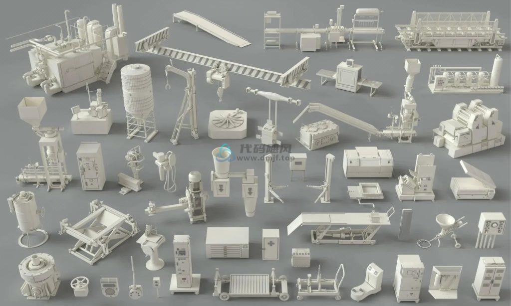45套工厂仓库设备车间3D模型包！含吊机、塔吊、工业机器、生产工具素材，带贴图-代码飓风